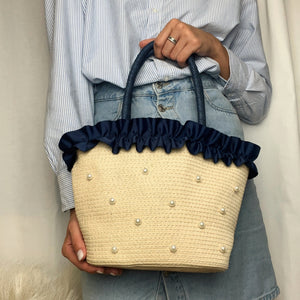 Straw bag Navy with pearls - REMAINING STOCK