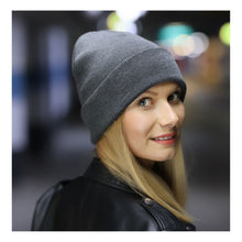 Load the image into the gallery viewer, Women's plain beanie hat for winter in gray color.