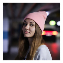 Load the image into the gallery viewer, Women's simple beanie hat for winter in color pink.
