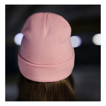Load the image into the gallery viewer, Women's simple beanie hat for winter in color pink.