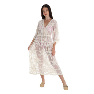 White, long beach kimono for women made of lace with embroidery in boho style