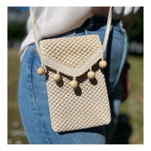Load the image into the gallery viewer, braided cell phone bag, shoulder bag in boho style in beige color. Mobile phone case for all mobile phone models: Samsung, Huawei, Iphone.