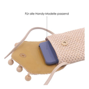 Braided mobile phone bag, shoulder bag in boho style in beige color. Mobile phone case for all mobile phone models: Samsung, Huawei, Iphone.