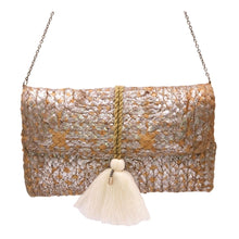 Load the image into the gallery viewer, Vegan Shoulder Bag, Jute Clutch. Organic bag made of natural fibers in Moroccan and Ibiza style with macrame tassel and silver shimmer.