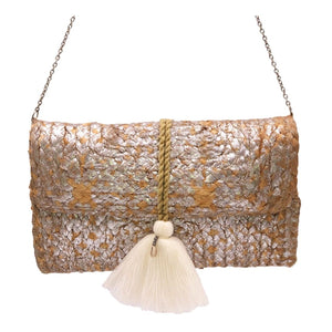 Vegan shoulder bag, clutch made of jute. Organic bag made of natural fibers in Moroccan and Ibiza style with macrame tassel and silver shimmer.