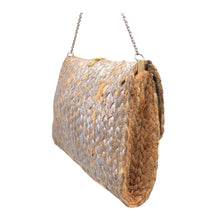 Load the image into the gallery viewer, Vegan Shoulder Bag, Jute Clutch. Organic bag made of natural fibers in Moroccan and Ibiza style with macrame tassel and silver shimmer.