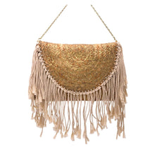 Load the image into the gallery viewer, Vegan Shoulder Bag, Jute Clutch. Organic bag made of natural fibers in Boho and Ibiza style with macramé fringes and golden shimmer.