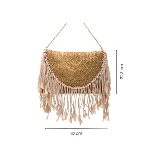 Vegan shoulder bag, clutch made of jute. Organic bag made of natural fibers in Boho and Ibiza style with macramé fringes and golden shimmer.