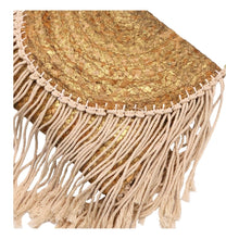 Load the image into the gallery viewer, Vegan Shoulder Bag, Jute Clutch. Organic bag made of natural fibers in Boho and Ibiza style with macramé fringes and golden shimmer.
