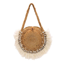 Load the image into the gallery viewer, jute shopper, large vegan organic straw bag with macrame, shells and zip in Boho and Ibiza style.