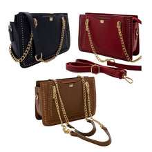 Load the image into the gallery viewer, women's shoulder bag with gold chain handle, small studs and zip closure. Colours: black, brown, bordeaux