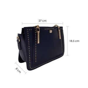 Black shoulder bag for women with golden chain handle, small rivets and zipper.