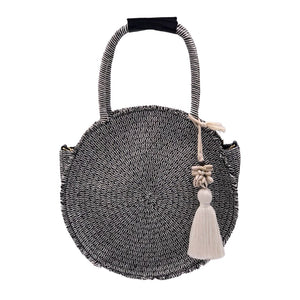 Round shopper, vegan organic straw bag for the beach in Dior style with macrame bag charm. Colours: black, white.