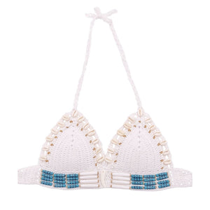 Women's knitted bikini top in white with shells and tassel. Crochet bikini top in Ibiza and Boho style.