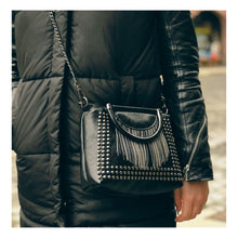 Load the image into the gallery viewer, Small black shoulder bag with rock style studs and chains