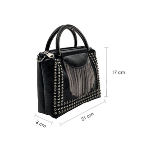 Small black shoulder bag with rivets and chains in rock style