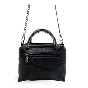 Small black shoulder bag with rivets and chains in rock style