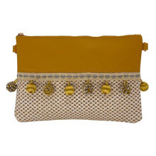 Load image into gallery viewer, Vegan, Organic Straw Bag, Clutch. Shoulder bag in Boho and Ibiza style with pompoms in gray and yellow.
